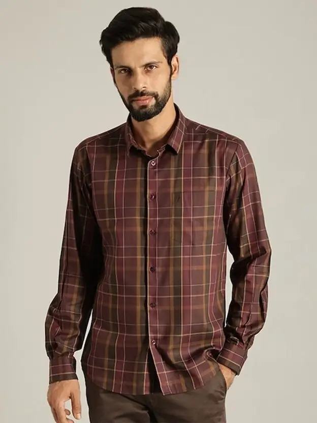 Indian Terrain Men's Slim Fit Full Sleeve Checkered Maroon Shirt